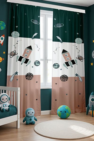 EVPANYA Retro Green Pink Space Vehicles Patterned Children's Baby Room Background Curtain (Single Wing Pricing)