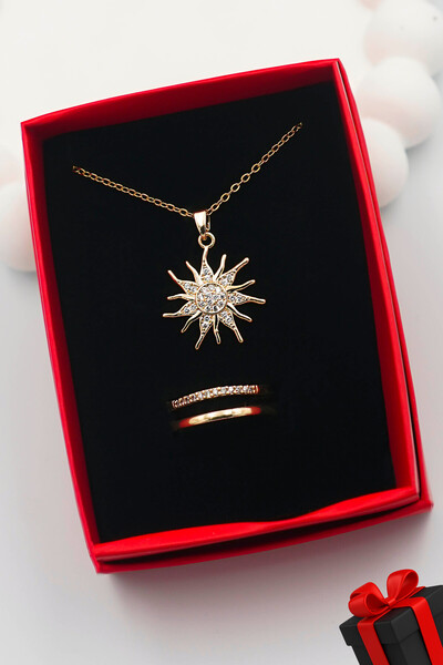 TREND COLLECTİON 316L Çelik Kadın Güneş Kolye ve Ayarlanabilir Taşlı Yüzük Seti