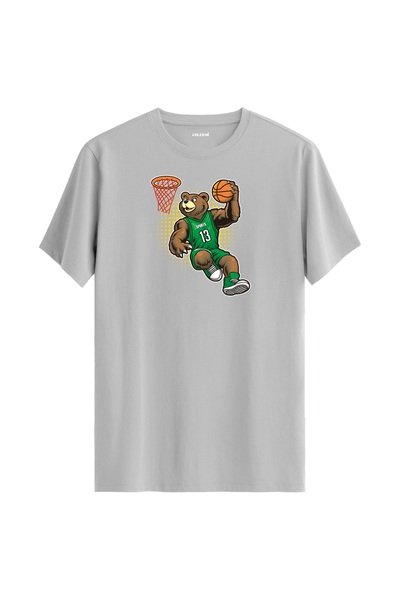 Colermi Basketball Player Slam Dunking with Green Jersey Bear Printed T-Shirt - 100% Cotton Sports Design T-Shirt