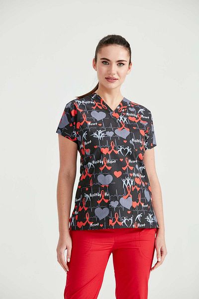 DEMOTEKS Black Medical Blouse with Print - Cardio EKG Model