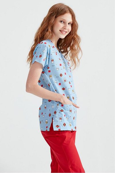 DEMOTEKS Blue Medical Blouse with Print - Hello Kitty Model