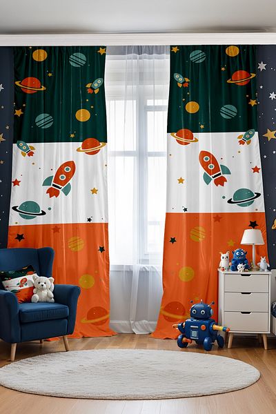 EVPANYA Retro Green Orange Space Vehicles Patterned Children's Baby Room Background Curtain (Single Wing Pricing)