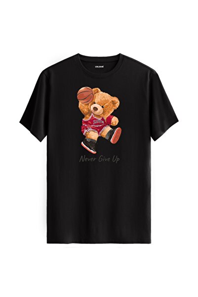 Colermi تي شيرت مطبوع عليه دمية دب كرة السلة - تي شيرت بتصميم Never Give Up