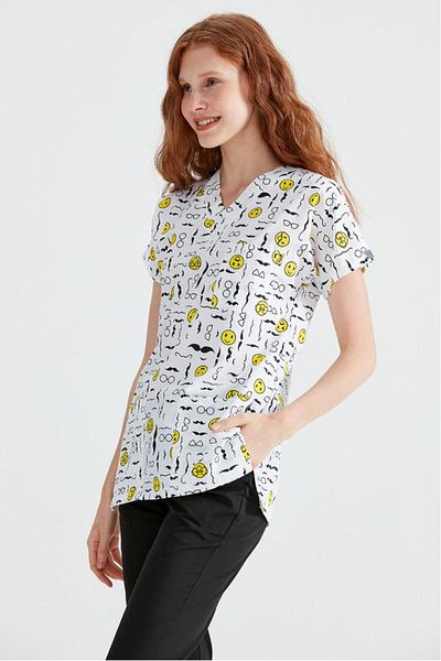 DEMOTEKS White Medical Blouse with Print - Moustache Model