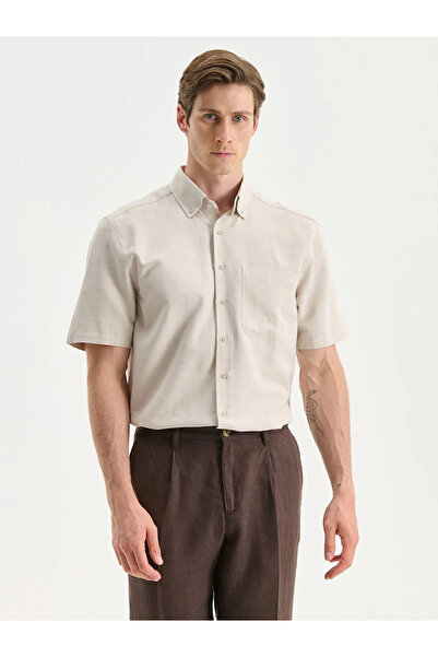 LC Waikiki Ανδρικό πουκάμισο SOUTHBLUE Beige Regular Fit με κοντό μανίκι με λινό εμφάνιση