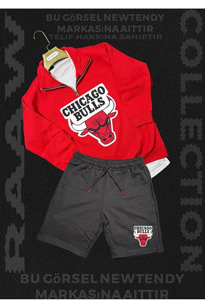 NEW TRENDY COLLECTİON Chigago Bulls Half Zipper Stand Collar Sweatshirt - Shorts Fan Cotton 2 Yarn Set