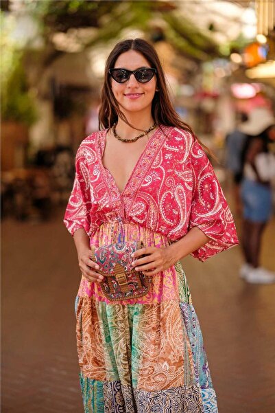 Miss Boheme Red Color Front and Back V-Neck Long Silk Dress with Gold Detail