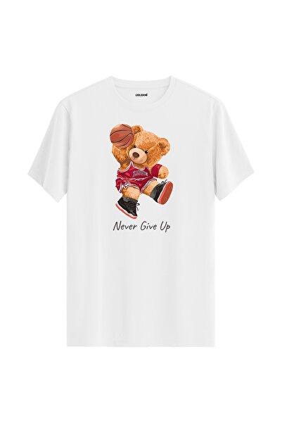 Colermi تي شيرت مطبوع عليه دمية دب كرة السلة - تي شيرت بتصميم Never Give Up