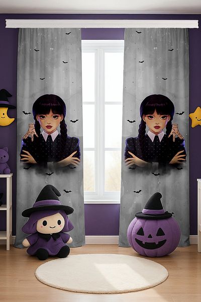 EVPANYA Gray Wednesday Addams Patterned Children's Baby Room Background Curtain (Single Wing Pricing)