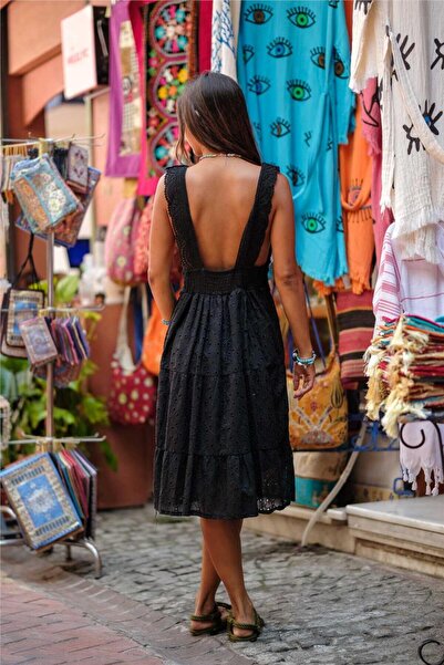 Miss Boheme Black Color Brode and Mesh Detailed Thick Strap Brode Dress