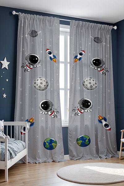 EVPANYA Gray Space and Little Astronaut Patterned Children's Baby Room Background Curtain (Single Wing Pricing)