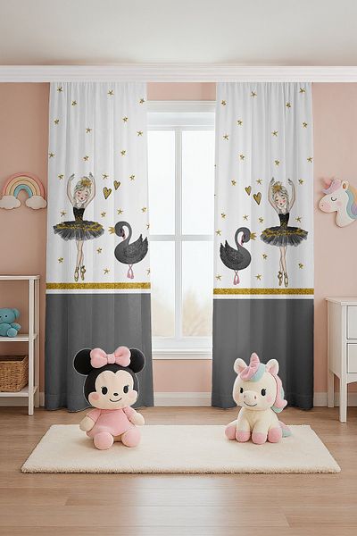 EVPANYA Gold Striped Ballerina and Swan Patterned Children's Baby Room Background Curtain (Single Wing Pricing)