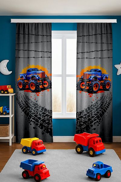 EVPANYA Gray Fire Monster Truck Patterned Children's Baby Room Background Curtain (Single Wing Pricing)