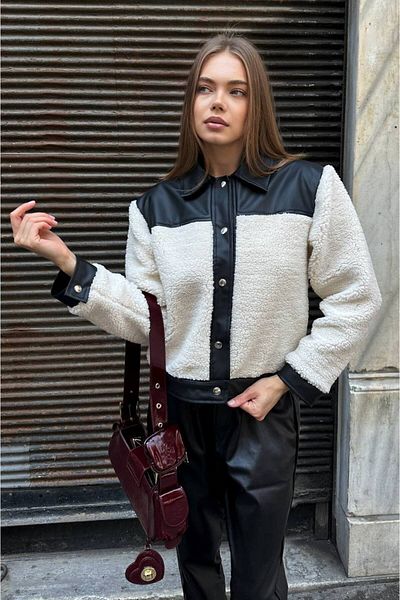Butik Trend Black and White Faux Leather and Plush Bomber Jacket