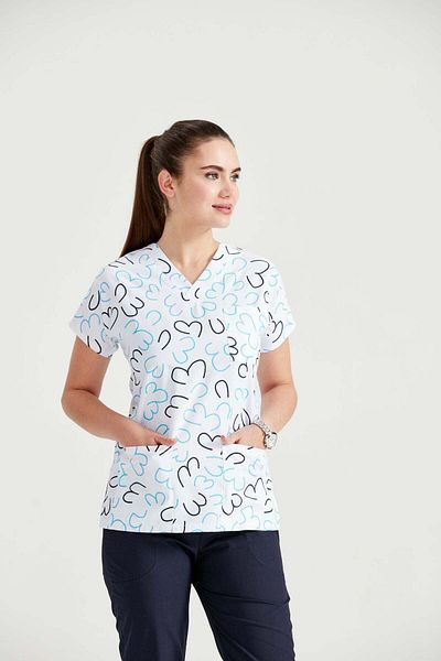 DEMOTEKS Women's white medical blouse with print - Heart White - Classic Model