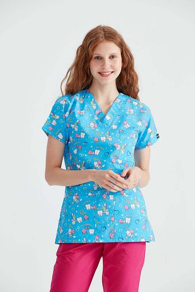 DEMOTEKS Blue Medical Blouse with Print - Teethblue Model