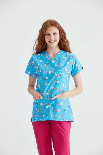 DEMOTEKS Blue Medical Blouse with Print - Teethblue Model