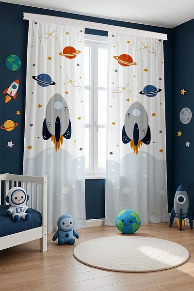 EVPANYA Rocket and Space Patterned Children's Baby Room Background Curtain (Single Wing Pricing)