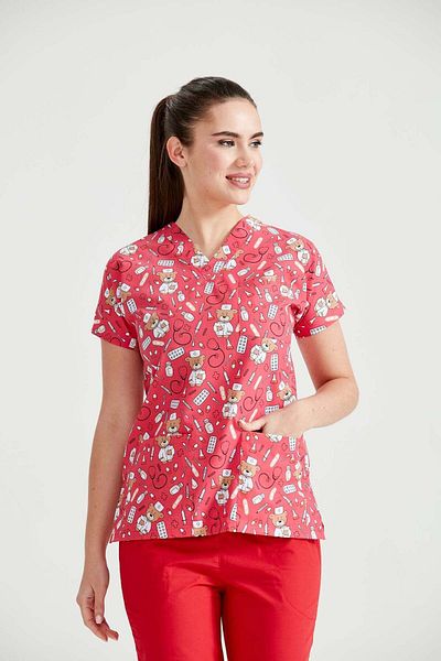 DEMOTEKS Red Medical Blouse with Print - Teddy Red