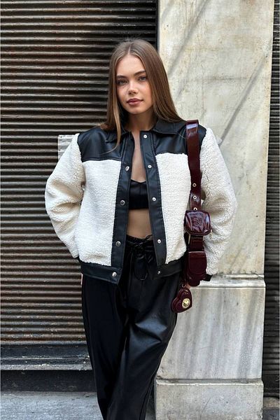 Butik Trend Black and White Faux Leather and Plush Bomber Jacket