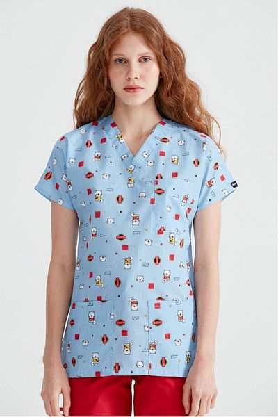 DEMOTEKS Blue Medical Blouse with Print - Hello Kitty Model