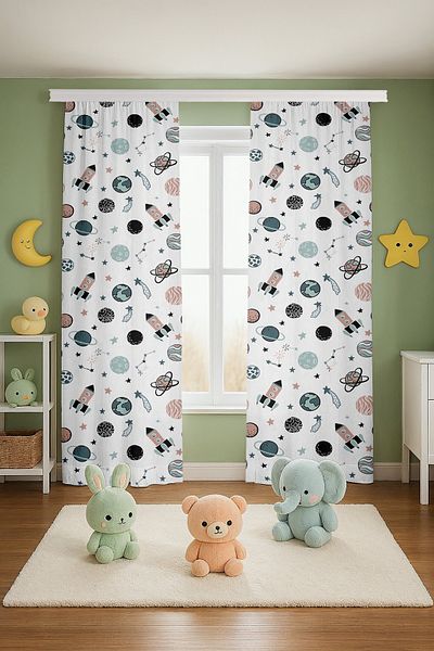 EVPANYA White Retro Space Patterned Children's Baby Room Background Curtain (Single Wing Pricing)