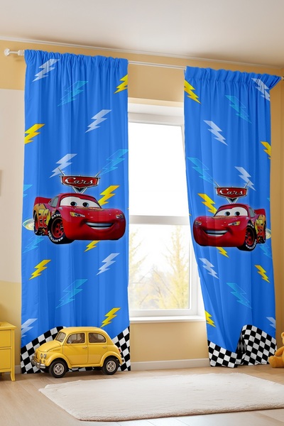 EVPANYA Racer Blue Mcqueen Patterned Children's Baby Room Background Curtain (Single Wing Pricing)