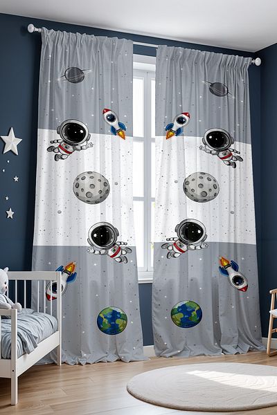 EVPANYA Gray Ye Gray Space and Little Astronaut Patterned Children's Baby Room Background Curtain (Single Wing Pricing)