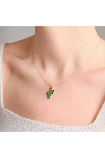 Luvaistanbul Özel Tasarım Mineli Kaktüs 14K Altın Kaplama 925K Gümüş Kolye