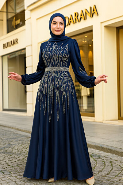 Modarana Saten Taş Detaylı Uzun Tesettür Abiye (NİŞAN-DÜĞÜN)