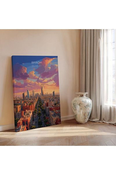 Nuqta Canvas Painting - Riyadh Skyline at Sunset in a Realistic Art Style