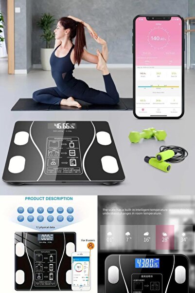 Genel Markalar Bluetooth Bağlantılı Akıllı Dijital Tartı – Cam Yüzey, Vücut A...