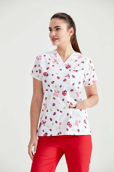 DEMOTEKS White Medical Blouse with Print - Model Buby Red