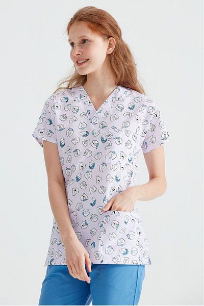 DEMOTEKS Lilac Medical Blouse with Print - Big Teeth Model