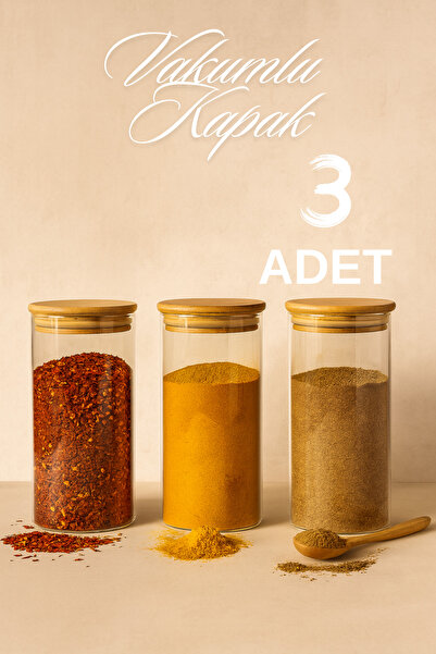 ZURİ DESİGN 3’lü Düz Cam Baharatlık Seti – Hava Geçirmez Bambu Vakum Kapaklı ...