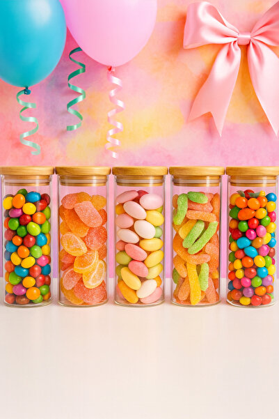 ZURİ DESİGN 6-Piece Flat Glass Spice Jar Set – Airtight Bamboo Vacuum Lid Jar Set 1095 ml