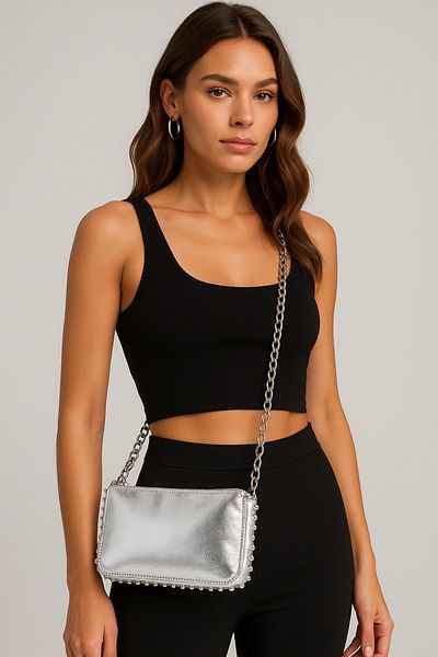 Silblack Pearl Corner Silver Women's Shoulder Bag with Chain Strap - 2 Compartments 3 Compartments Trend Model