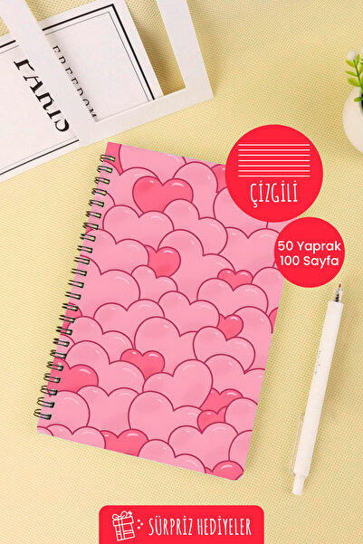 Anime Marketi Pink Sweet Hearts Designed A5 Spiral School Notebook 50 Sheets 100 Pages - Lined
