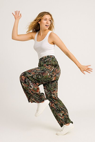 SheLoria Women's Black Green Shawl Patterned Tie Detail Elastic Waist Relaxed...