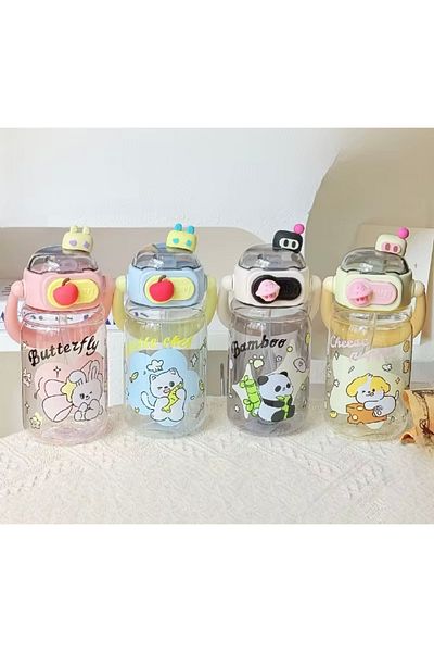 Generic Cute cartoon design plastic water bottle with straw and carrying strap