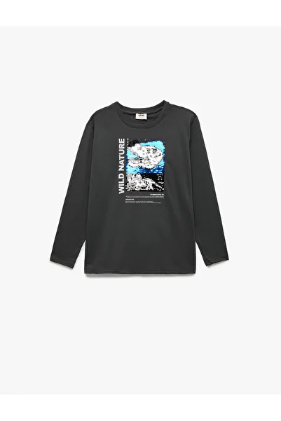 Koton Crew Neck Long Sleeve Sequin Sequined Dinosaur Printed Cotton T-Shirt