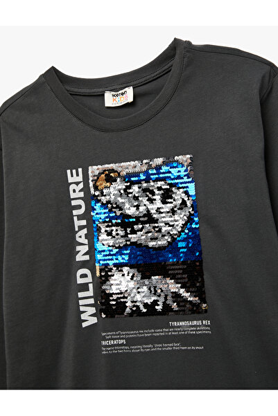 Koton Βαμβακερό μπλουζάκι με μακρυμάνικο λαιμόκοψη με παγιέτες Dinosaur