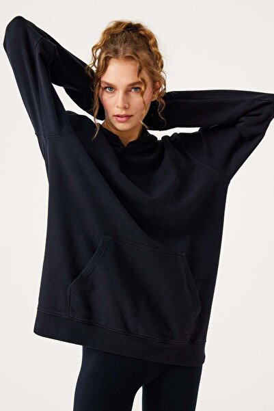 3 iplik şardonlu siyah beyaz unisex kanguru cepli kapşonlu basic düz sweatshirt hodie