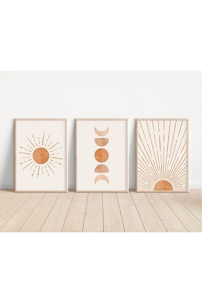 Nuqta Three canvas paintings - the sun and the phases of the moon in a simplified artistic style