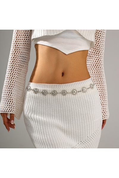 TABA BUTİK 9-Piece Adjustable Chain Women's Belt with Sun Buckle Detail