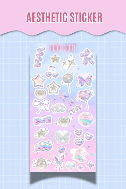 Hume Craft Aesthetic Holographic Looking Sticker– Star Butterfly Heart Planet Agenda Scrapbook Sticker