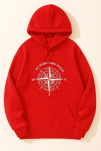 CLASSY.MODA “Unisex 3 Thread Fabric Compass Printed Hooded Sweatshirt”