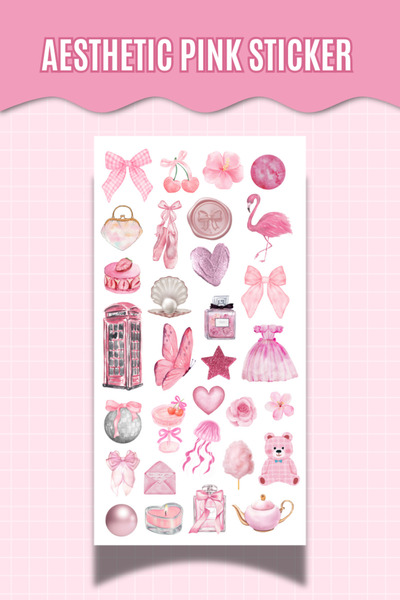 Hume Craft Aesthetic Pembe Temalı Kelebek Fiyonk Çiçek Kalp ve Dekoratif Etik...