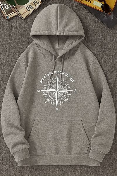 CLASSY.MODA “Unisex 3 Thread Fabric Compass Printed Hooded Sweatshirt”