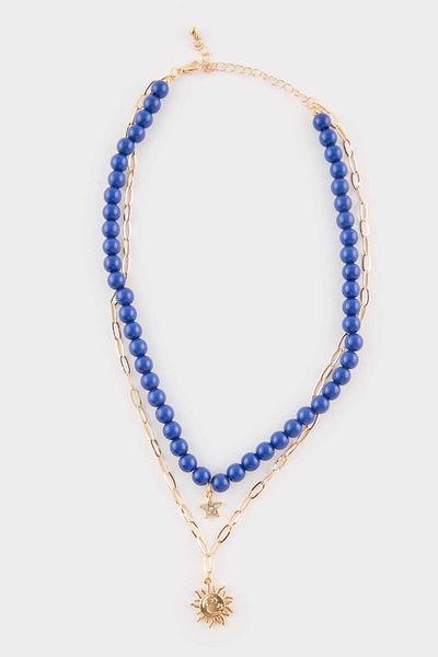 DeFacto Women's 2-Piece Navy Blue Stone Gold Necklace F6610Axns